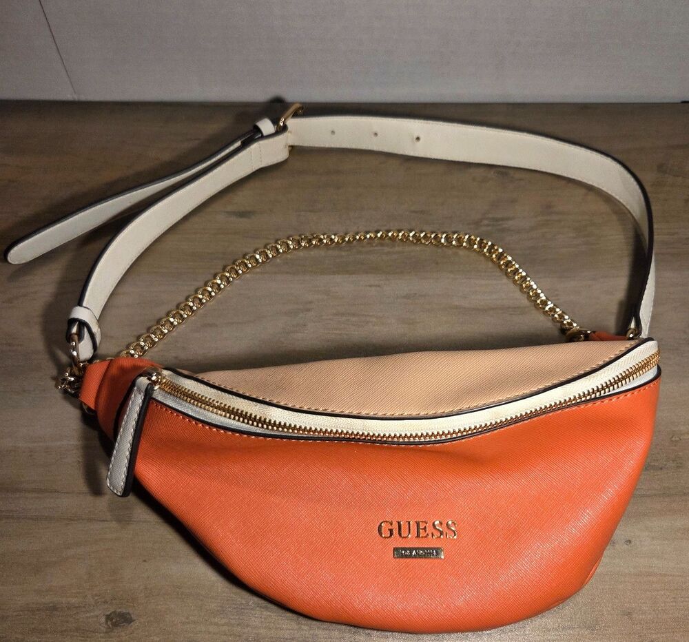 Guess Los Angeles Orange White Belt Bag Waist Pack Crossbody Purse Gold Chain